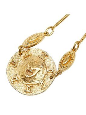 Chanel CC Logo Lion Round Pendant Necklace Gold Plated
